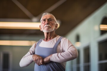 Portrait of a handsome old man practicing ballet in a studio. With generative AI technology