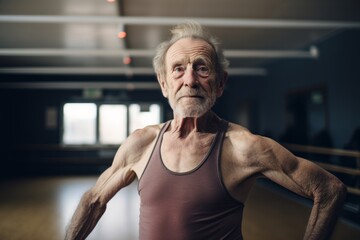Portrait of a fitness old man practicing ballet in a studio. With generative AI technology