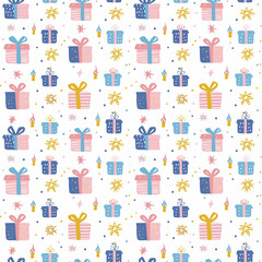 Hanukkah gifts seamless pattern. Gift wrapping, wallpaper, background. Hanukkah