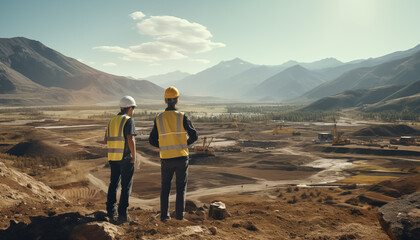 Maquinaria industrial pesada en la obra.Ingenieros de construcci&oacute;n supervisando el progreso del proyecto de construcci&oacute;n de una nueva f&aacute;brica o mega construccion.