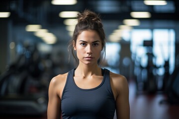 Fototapeta premium Portrait of a serious girl in her 30s doing step in a gym. With generative AI technology