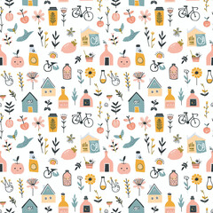 Sustainable living motifs seamless pattern. Gift wrapping, wallpaper, background. World Environment Day