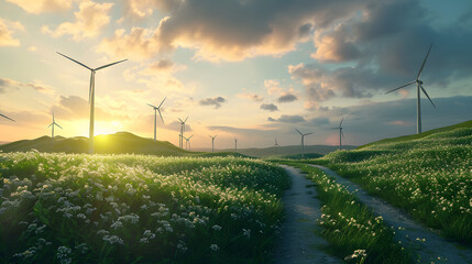 Solar panels and wind turbine against blue sky - obrazy, fototapety, plakaty