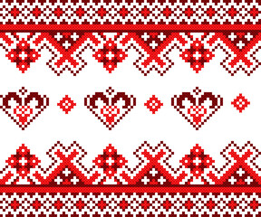 seamless pattern with valentine heart. tribal pattern. local fabric pattern. pixel pattern. cross stitch