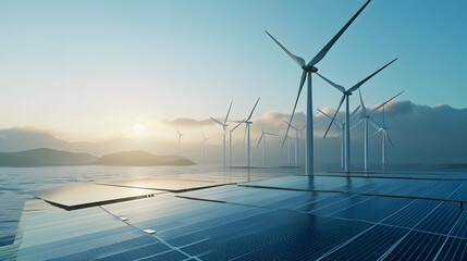 Solar panels and wind turbine against blue sky