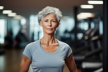 Obraz premium Portrait of a concentrated mature woman doing step in a gym. With generative AI technology