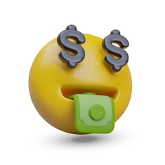 Yellow emoticon with dollar signs instead of eyes. Symbol of profit, wealth. Mouth full of money. Realistic illustration in cartoon style on white background