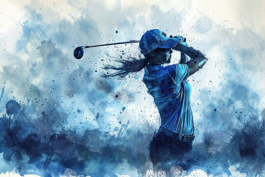 Golf player in action, woman blue watercolor with copy space