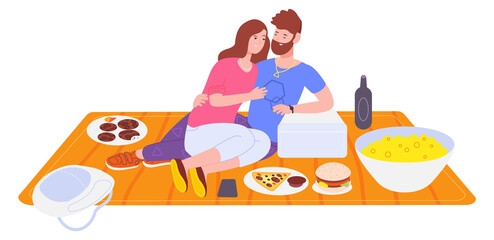 Loving couple on picnic. Romantic date. Young people together