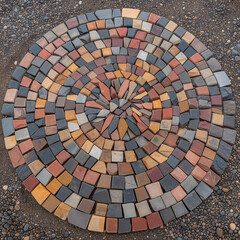 Spiral pattern created with multicolored bricks on gravel.