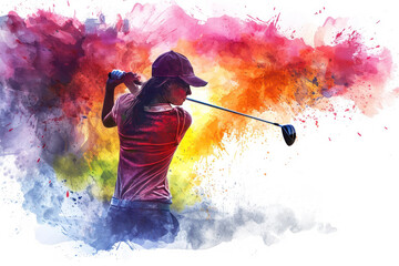 Golf player in action, woman colourful watercolour with copy space