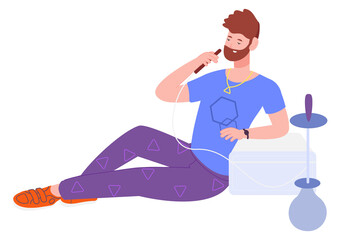 Man smoking hookah. Party relaxation with aroma vapor