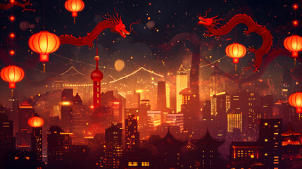 Chinese New Year 2024 Background illustration of Buildings, Dragons and Lanterns