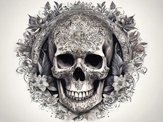 Skull with floral ornament on white background.