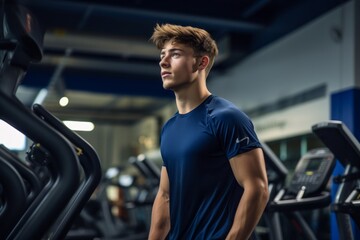 Portrait of a fitness boy in his 20s doing step in a gym. With generative AI technology