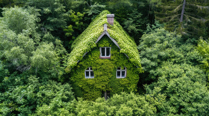 Fototapeta na wymiar Lush green ivy envelopes a quaint house amid a dense forest.
