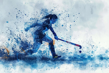 Field Hockey player in action, woman blue watercolour with copy space - obrazy, fototapety, plakaty