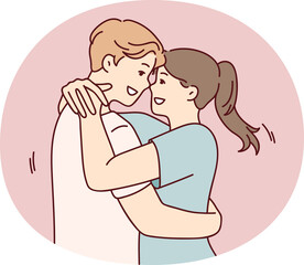 Man and woman in love embrace after long separation, rejoicing at long-awaited date. Vector image