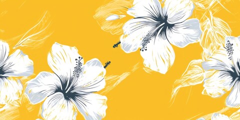 yellow pattern with white hibiscus flowers Generative AI - obrazy, fototapety, plakaty