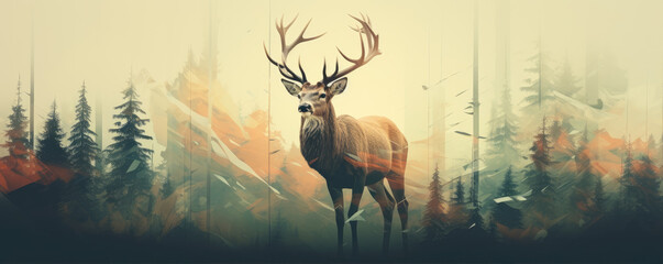 Portrait of red deer in wild nature design for t-shirt printing.