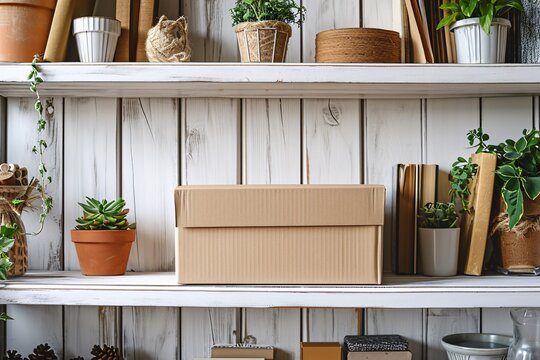 A box made of cardboard displayed on a shelf made of light-colored wood.