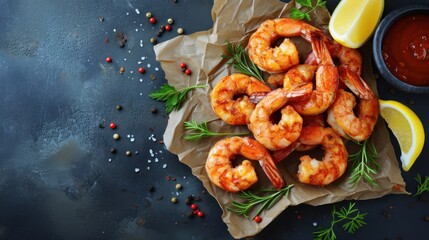 Grilled tiger prawns with tomato sauce and parsley on dark background, top view - obrazy, fototapety, plakaty