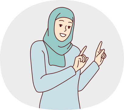 Muslim woman in Islamic paranja points to side recommend to pay attention. Vector image