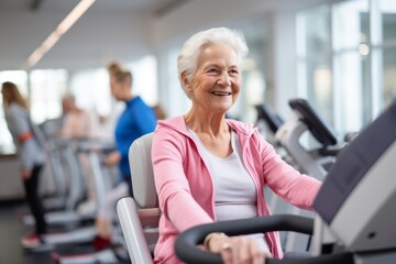 Obraz premium Portrait of an inspired old woman doing physical rehabilitation exercises in a rehabilitation center. With generative AI technology