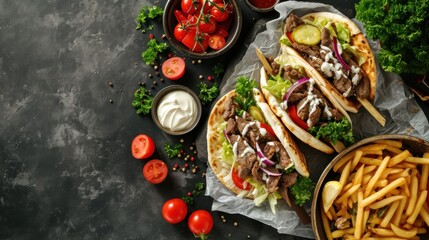 Traditional greek gyros with meat, vegetables and sauce on black background