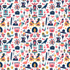 Hispanic heritage icons seamless pattern. Gift wrapping, wallpaper, background. National Hispanic Heritage Month