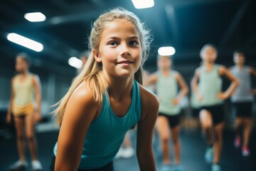 Portrait of an active kid female doing body pump exercises in a gym. With generative AI technology