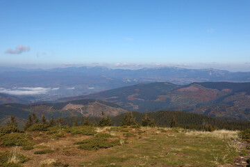 Landscape with Mount Hoverla hanging peak of the Ukrainian Carpathians against the background of the sky and clouds