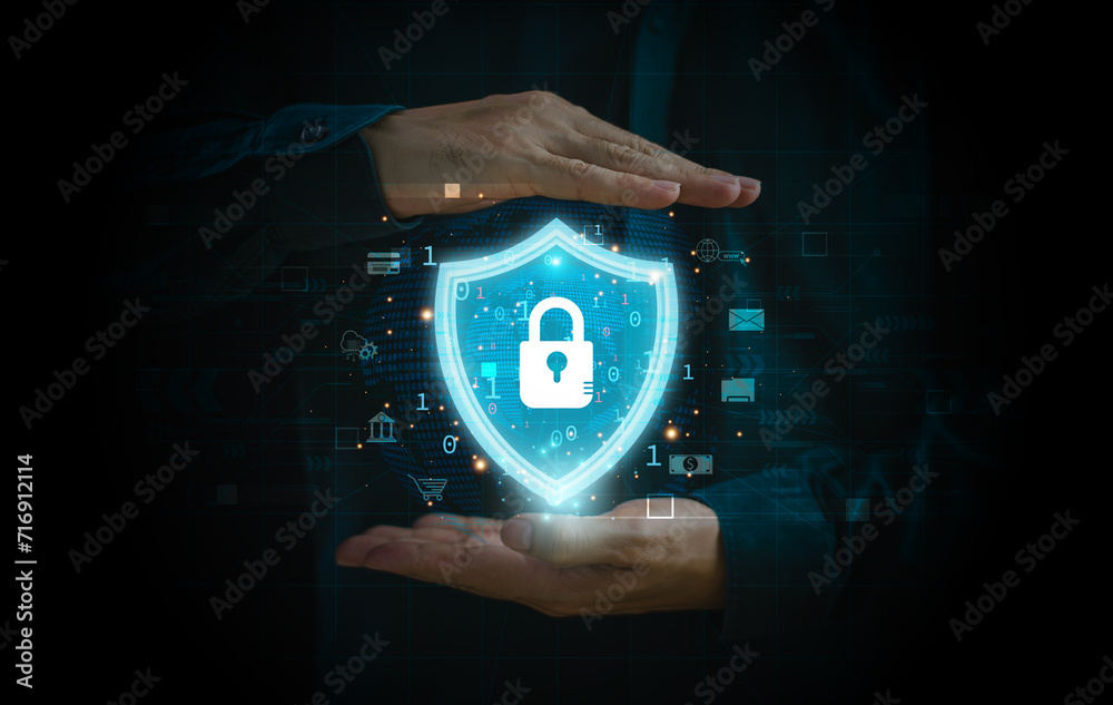 Poster cyber security privacy concept to protect data information. lock icon and internet network secure te