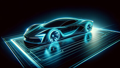 Sports car futuristic blue neon wire frame on digital grid, evoking high speed and advanced technology. Futuristic technology concept. AI generated. - obrazy, fototapety, plakaty