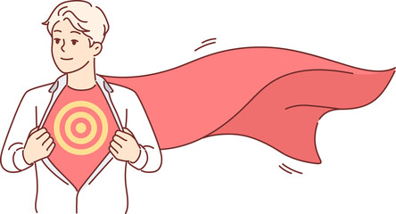 Business man with superhero cape unbuttons shirt and shows target symbolizing ambition and desire for financial success. Manager in superhero costume rushes to aid corporation employees in trouble.