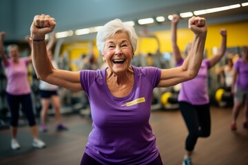 Portrait of an energetic old woman doing body pump exercises in a gym. With generative AI technology