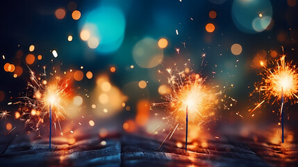 Happy New Year, burning fireworks with bokeh light background