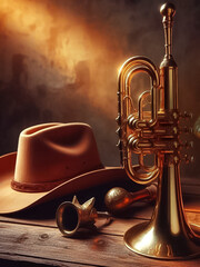old trumpet. classic trumpet and cinematic cowboy hat. background music, country music festival