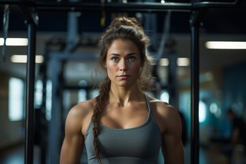 Fototapeta premium Portrait of a drained girl in her 30s doing bars in a gym. With generative AI technology