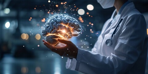 A physician using advanced artificial brain technology to enhance creative thinking and mental well-being in a futuristic setting. - obrazy, fototapety, plakaty