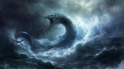 great biblical sea monster leviathan rising from the sea with big waves and thunder