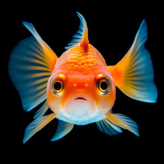 A detailed view of a goldfish positioned against a black background, showcasing its vibrant colors and intricate scales.