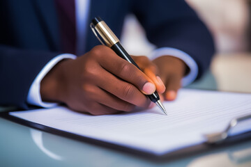 A professional man in a suit is focused as he writes on a piece of paper.