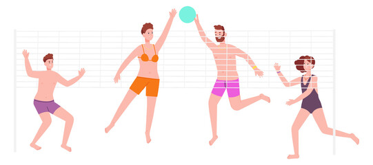 Parents and kids playing volleyball on beach. Family summer activity
