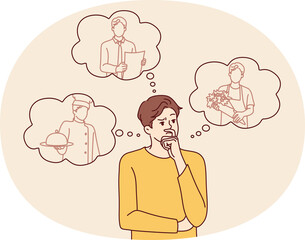 Thoughtful man making choice between different professions after graduating from school, considering what education to get. Guy student age chooses path to develop career skills.