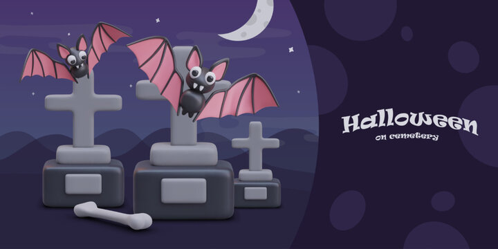 Fantastic purple background with text in horror style. Halloween bats with pink wings fly to cemeteries near graves with crosses. Vector illustration in 3d style © ANDRII