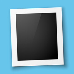 Realistic photo frame layout with highlights on a blue background. Vintage postcard. The layout of an empty photo frame with a shadow. Vector EPS 10.