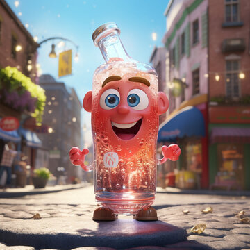 Sweet soda with eyes, legs and hands. sparkling water splashes out of a bottle in the street of cosy town created with Generative Ai
