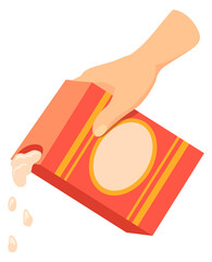 Hand pouring powder from box. Cooking recipe icon