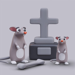 Fantasy composition with grave with stone cross, realistic bone, and cute little rats. Concept of dead and animals. Vector illustration in 3d style with gray background